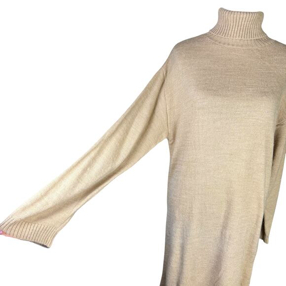 NA-KD Tan Knitted Oversized Long Sleeve Side Slit Turtleneck Midi Sweater Dress - Picture 8 of 12